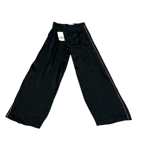 Zara black satin wide leg trouser pants with rhinestones XS NWT - Picture 3 of 10